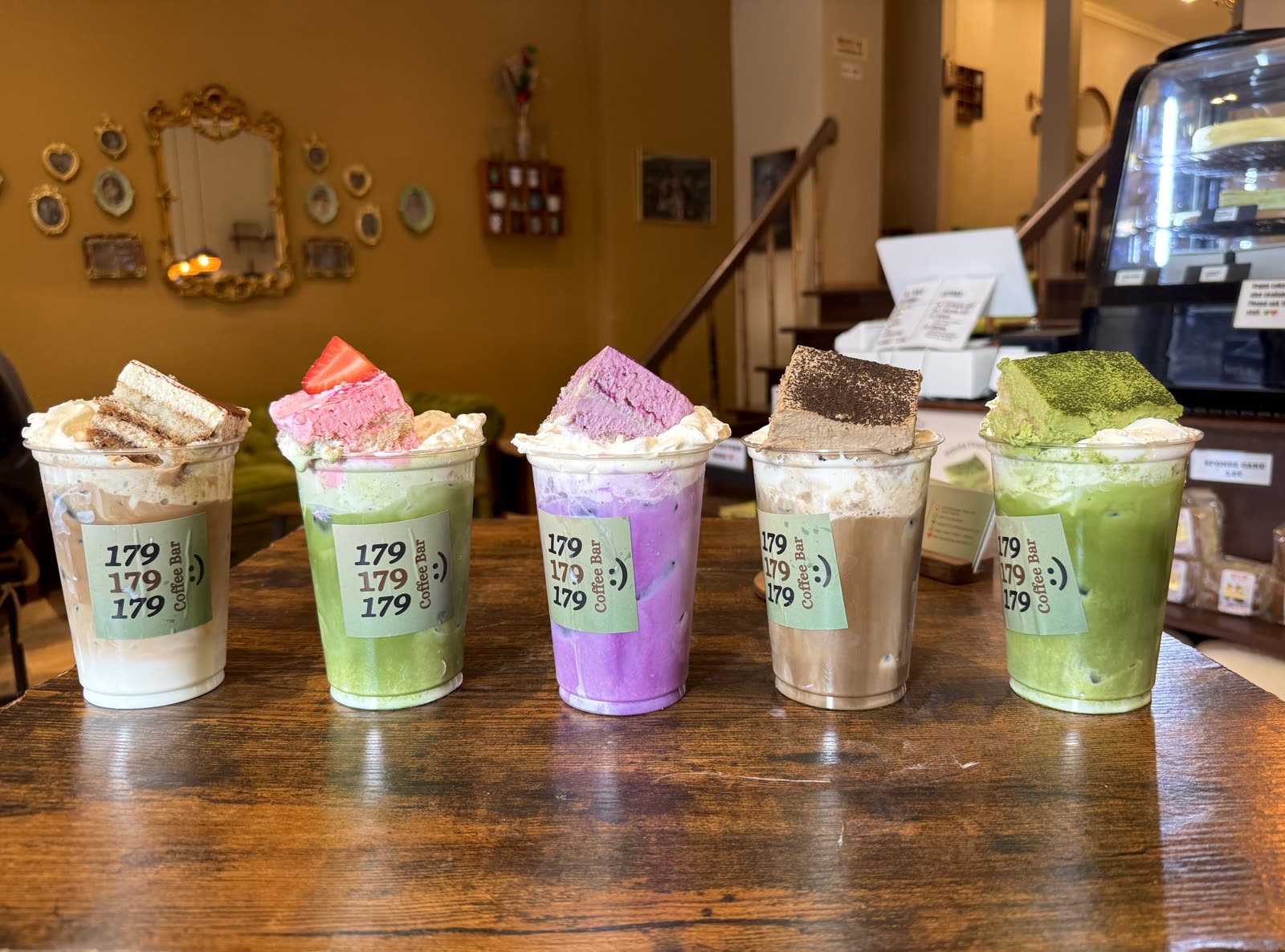 Tiramisu matcha latte top-down
