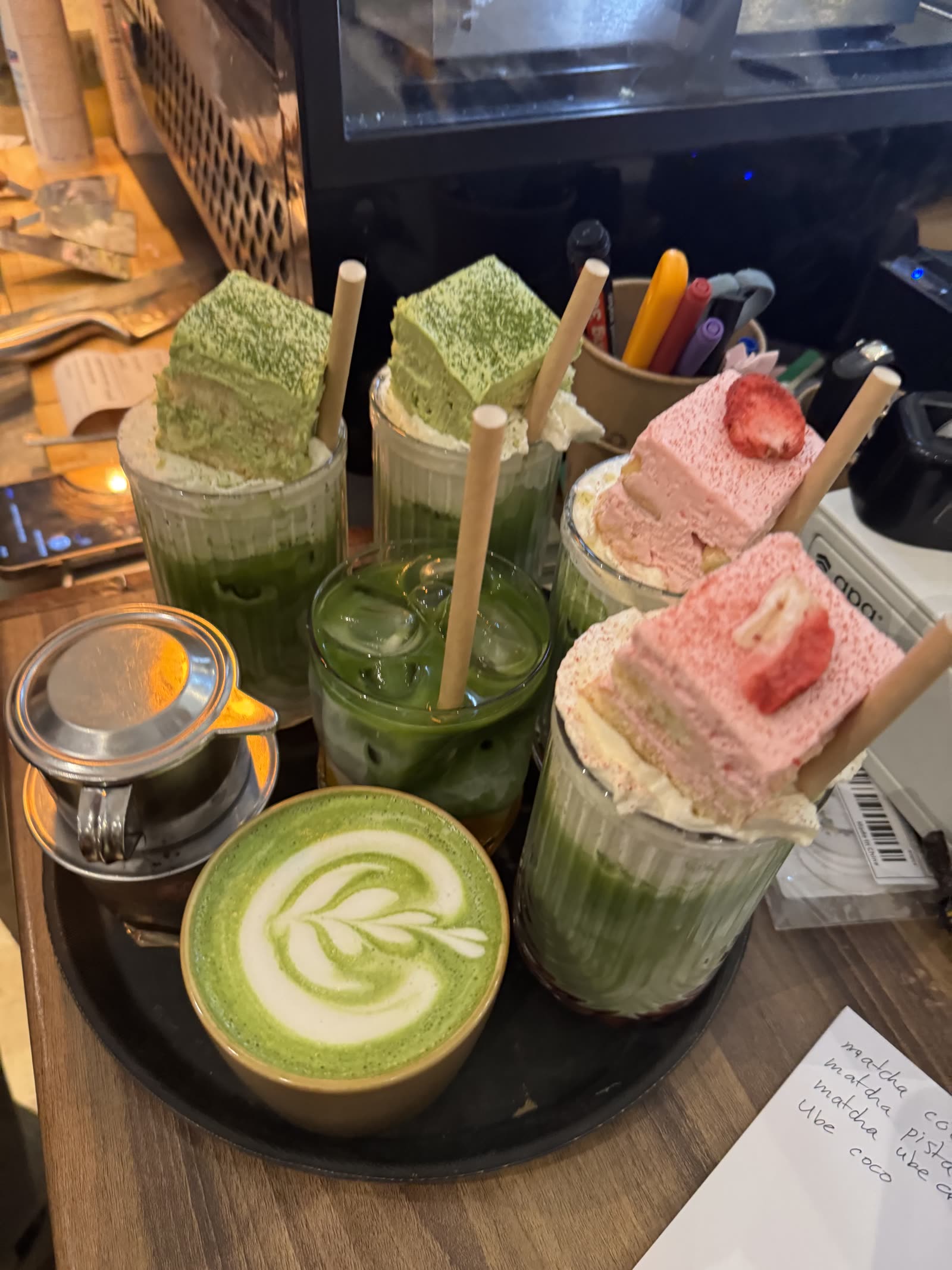 Tiramisu matcha latte close-up
